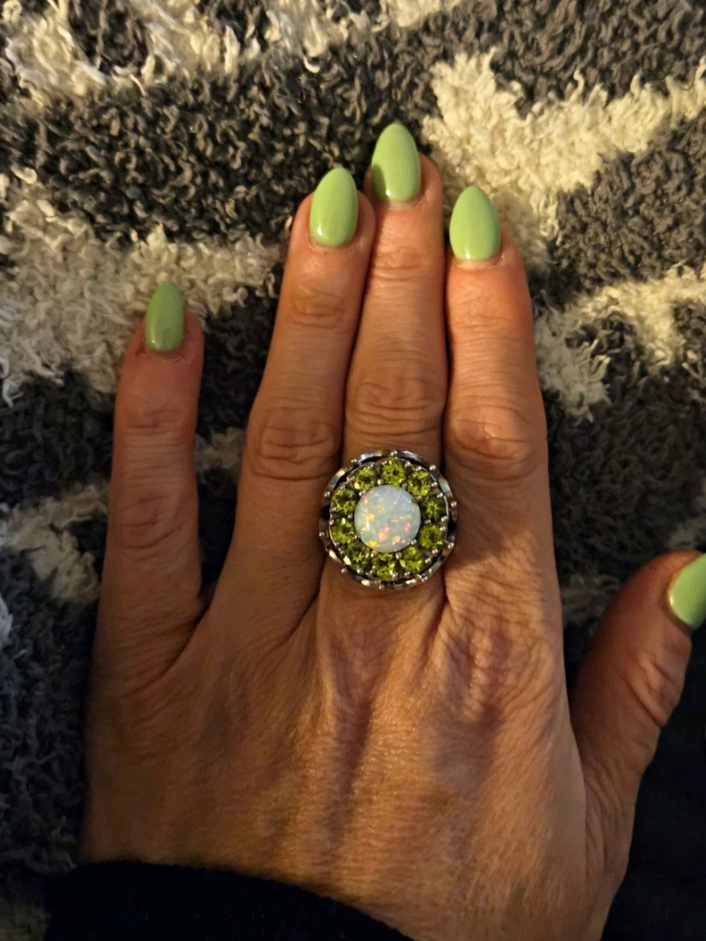 Silver Tone Cocktail Ring Round White Opal Green Halo with Crystal Accents